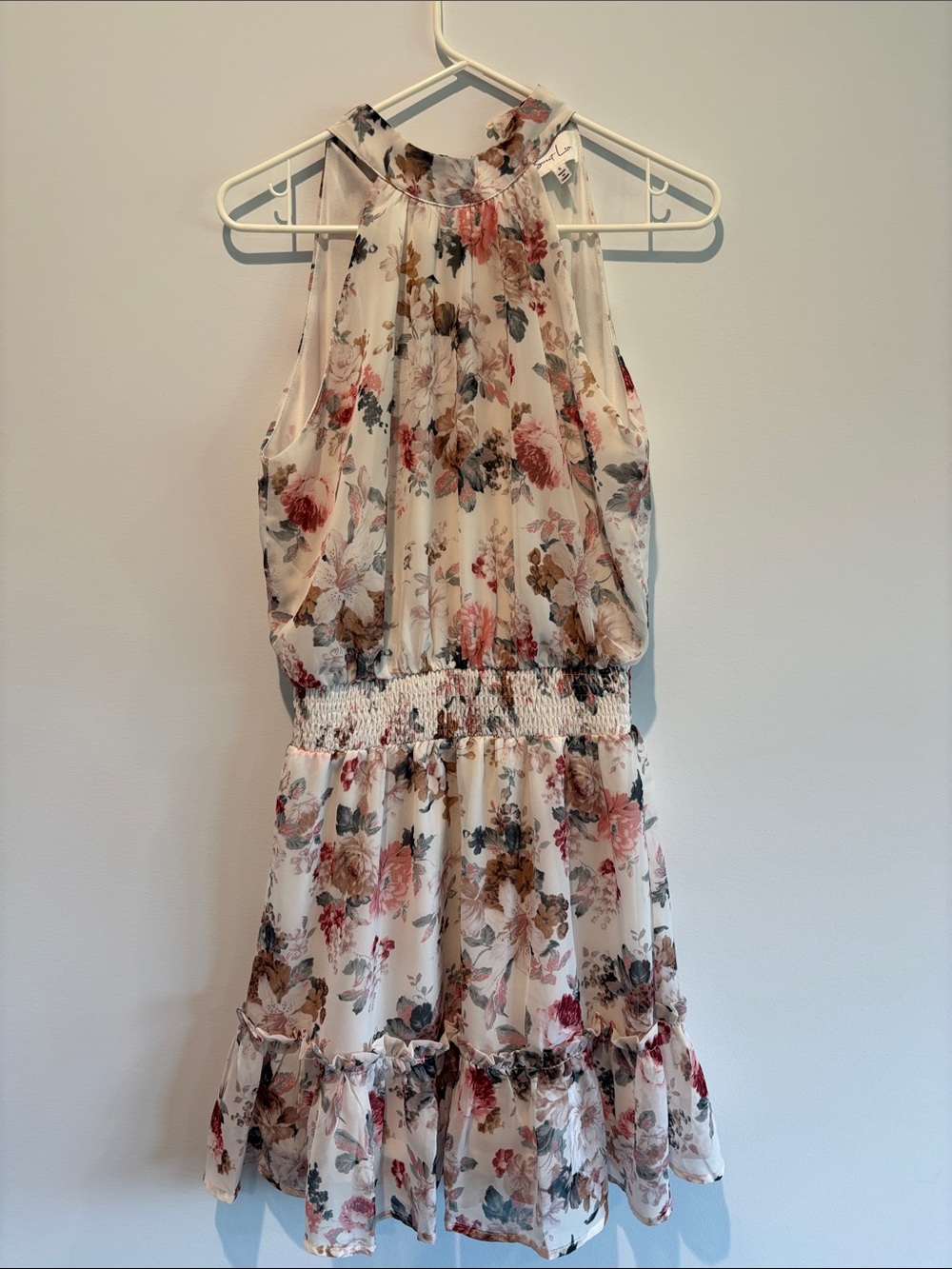 Floral Halter Mini Dress - Cream with Pink & Brown Floral